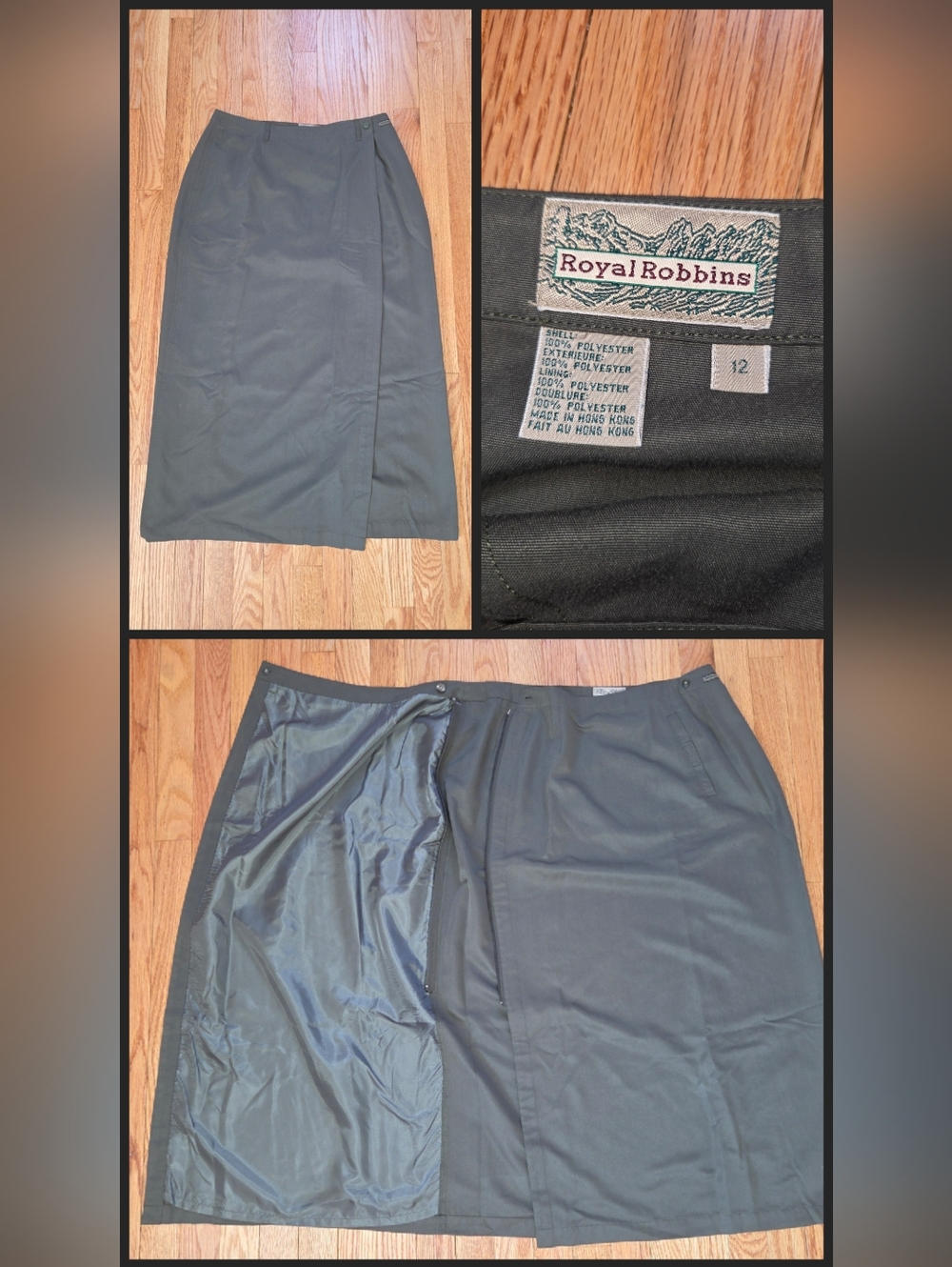 Vintage Royal Robbins Gray Straight Midi Skirt Size 12 Made in Hong Kong Wrap